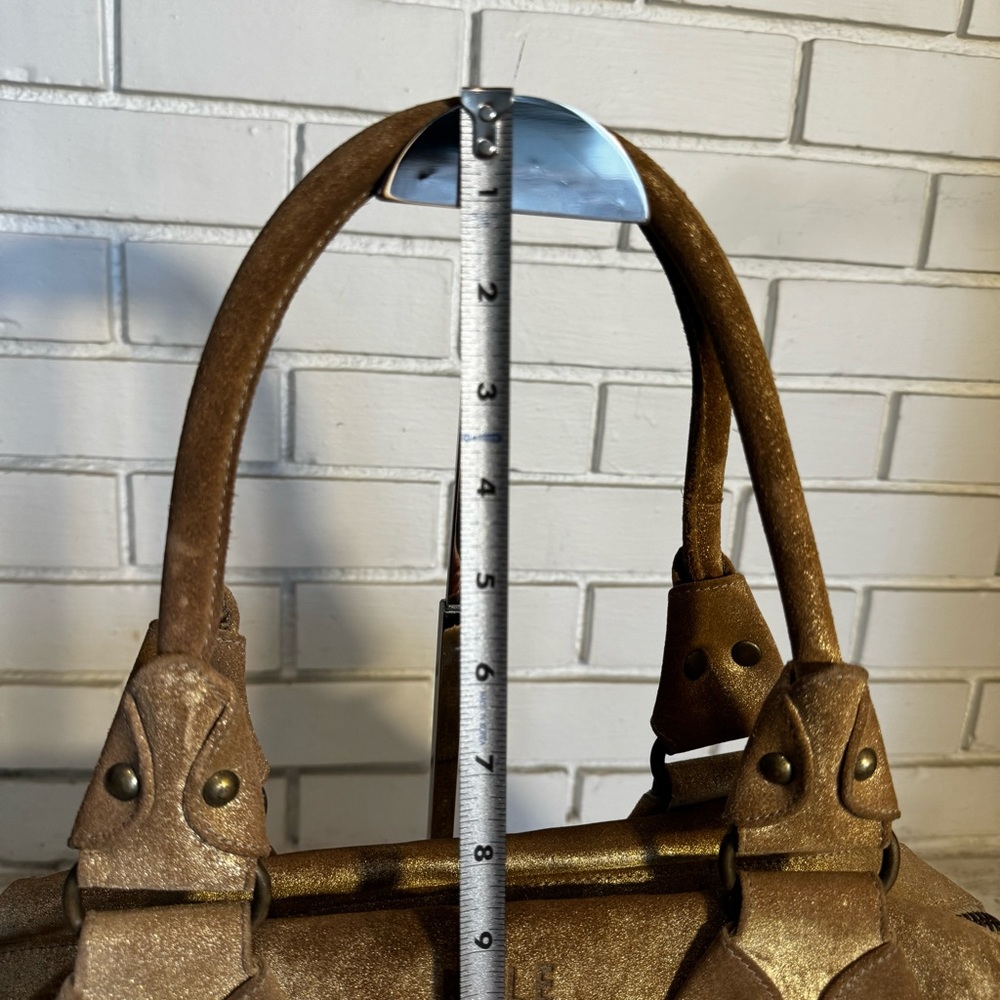 Kale Brown / Gold Metallic Suede Satchel Bag with Pink Suede Interior - Picture 13 of 15